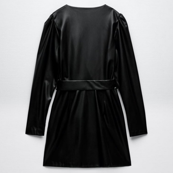 Zara * belted faux leather dress wrap mini black - Picture 7 of 9